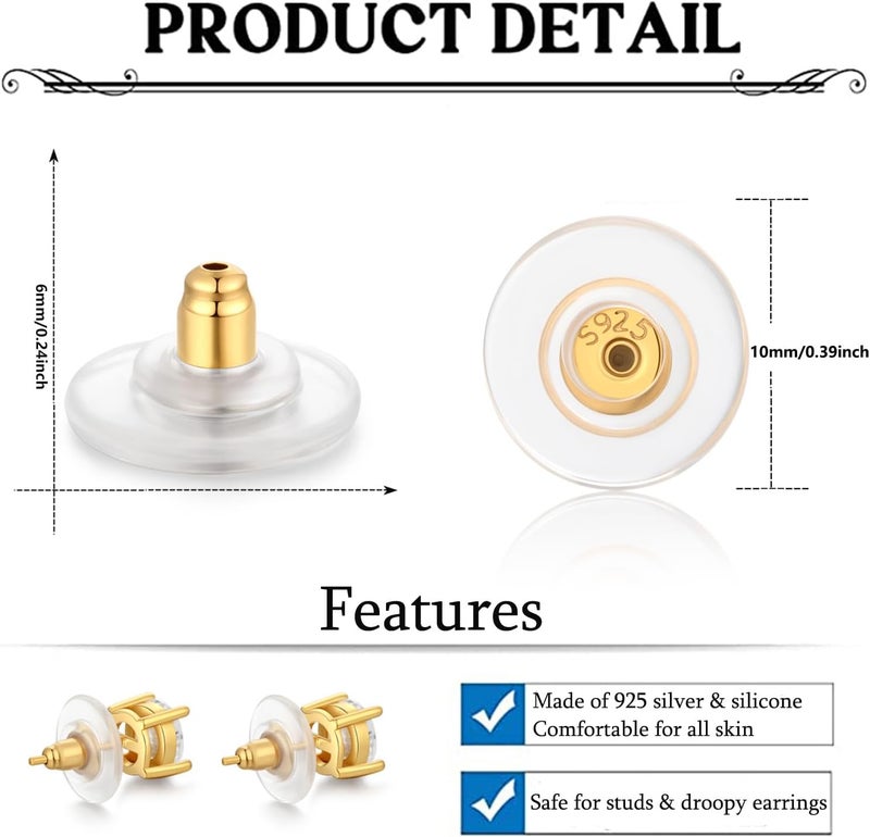 Moconar Earring Backs, 925 Sterling Silve Locking Earring Backs for Studs, Hypoallergenice Secure Earring Backs Replacements for Studs/Droopy Heavy Ears, No-Irritate Earring Backs for Adults (Gold) - Image 4